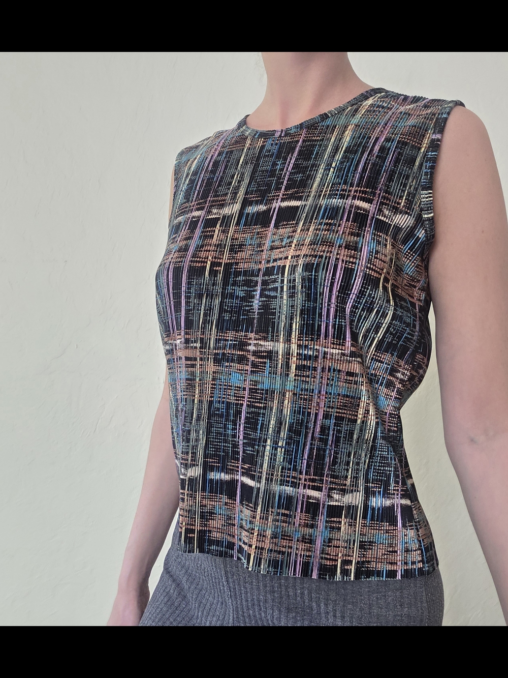 Vintage Plissé micro pleated sleeveless top size m abstract multi color
